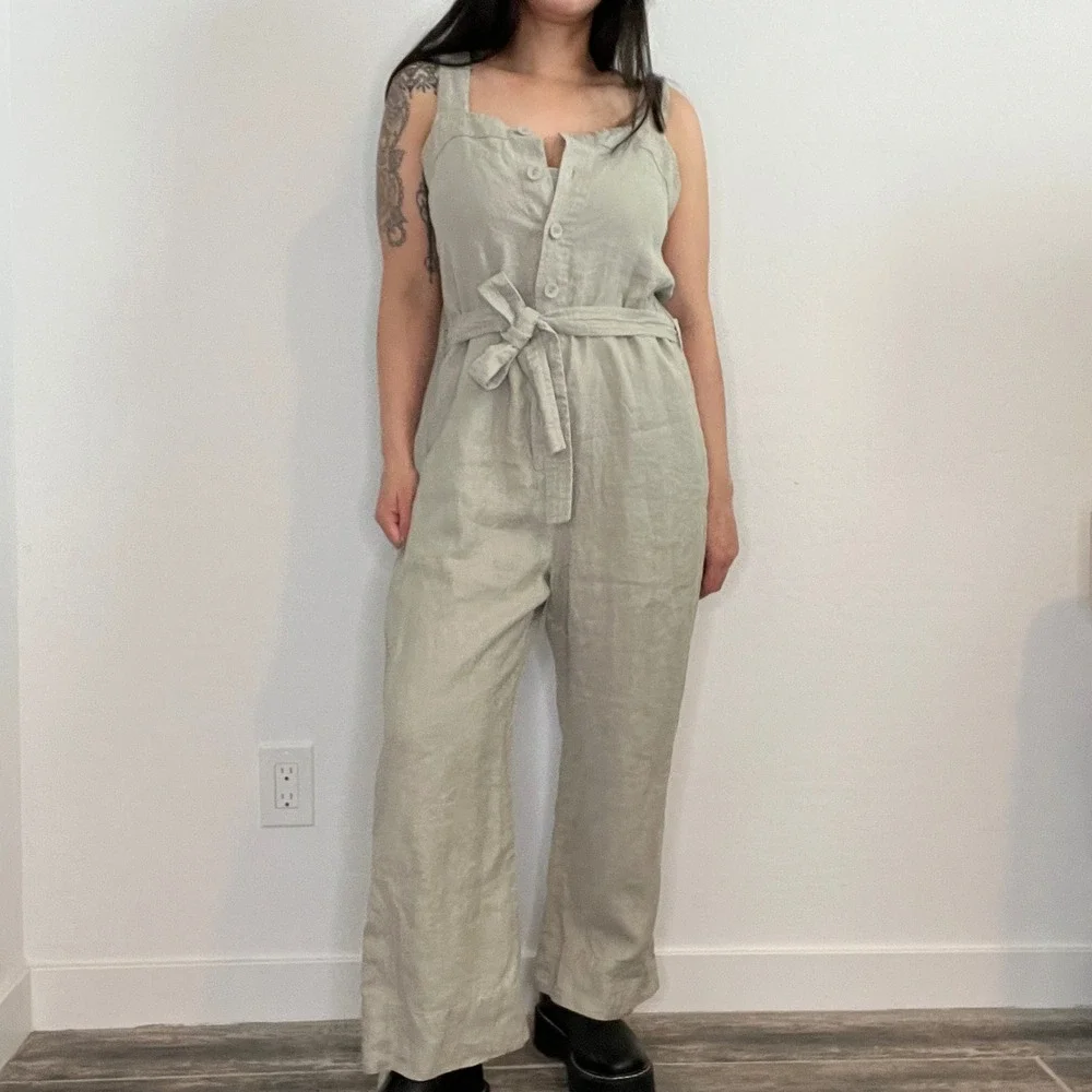 Everlane Linen Jumpsuit Women Size 6 Sage Green Button Front Tie Waist Wide Leg